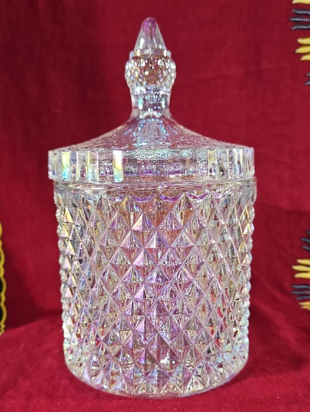 Irridescant Crystal Cut Glass Lidded Candy Dish Jar Diamond Point